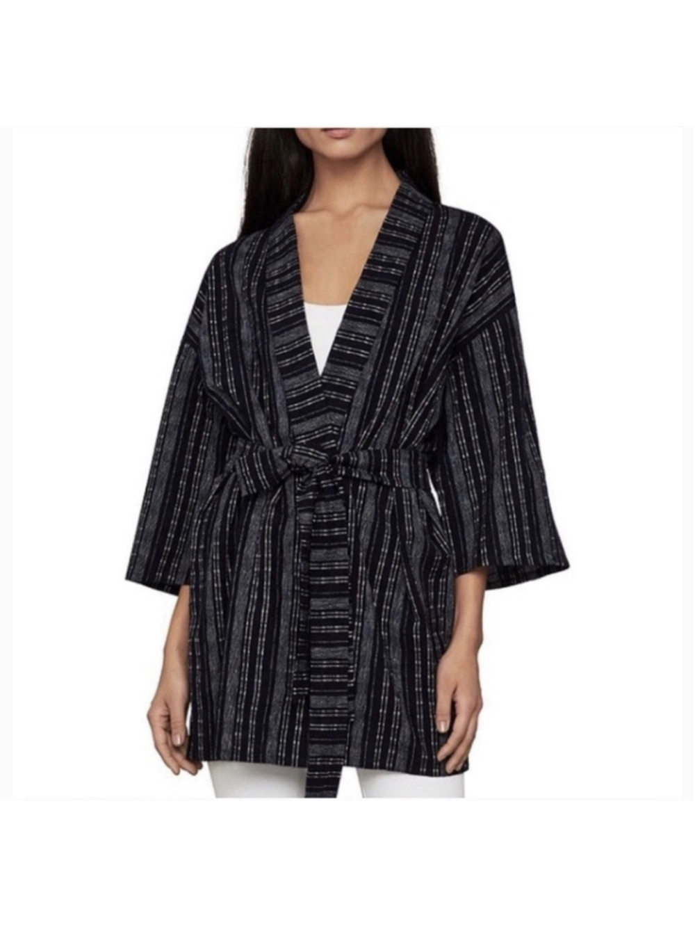BCBGMAXAZRIA Oversized Belted Wrap Kimono Cardigan Stripped Linen Cotton NWT S